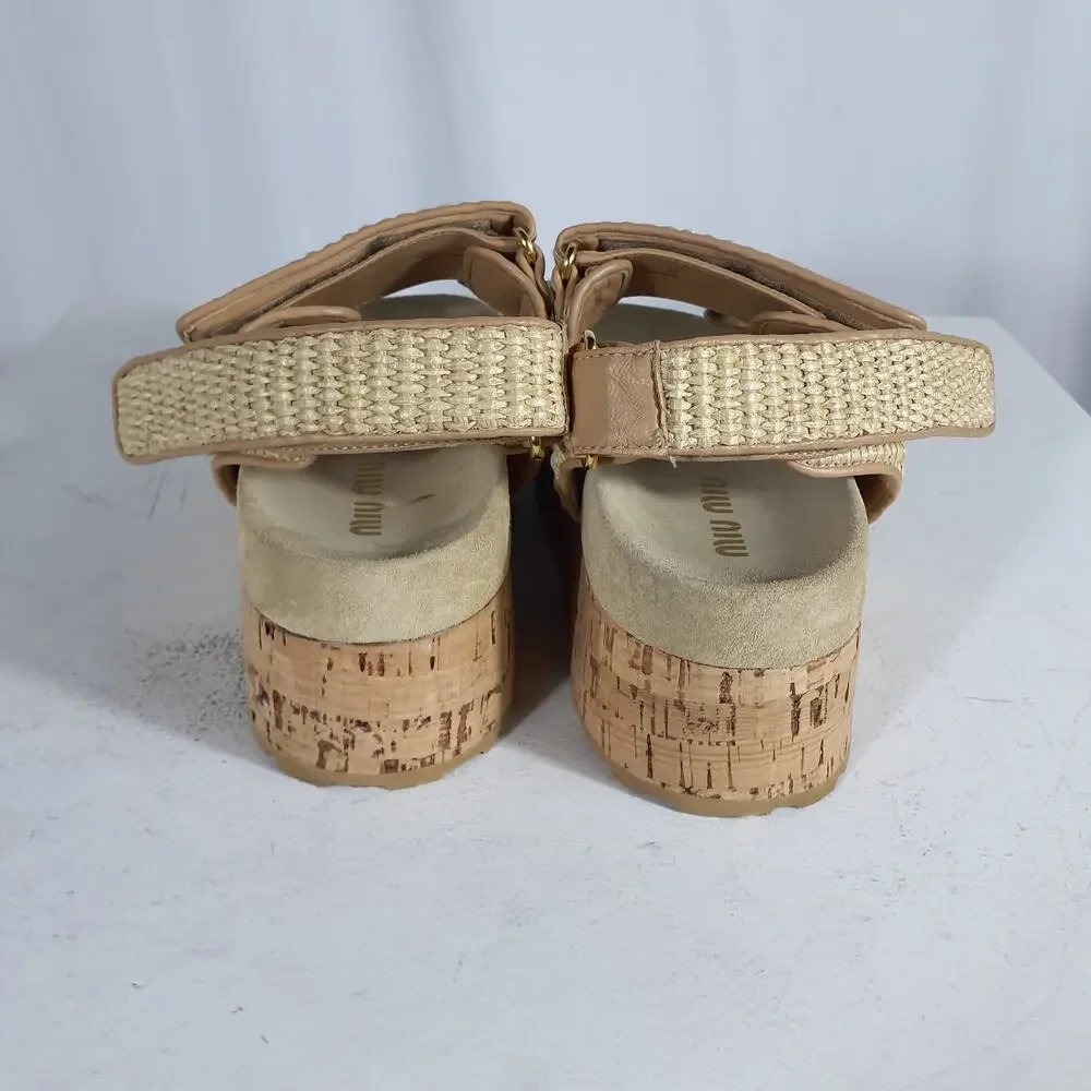 Miu Miu Beige Woven Cork Platform Sandals - Picture 5 of 8
